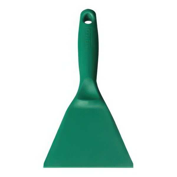 A green metal detectable polypropylene hand scraper with a handle.