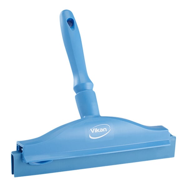 A blue Vikan squeegee with a plastic frame and double blade.
