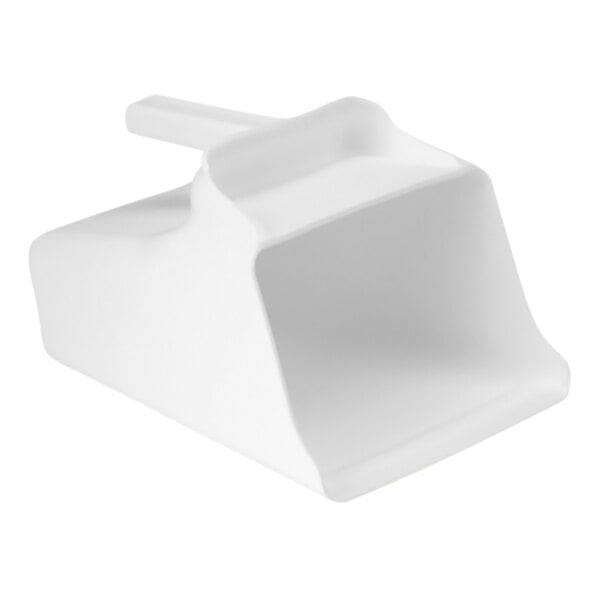 A white plastic scoop with a handle.