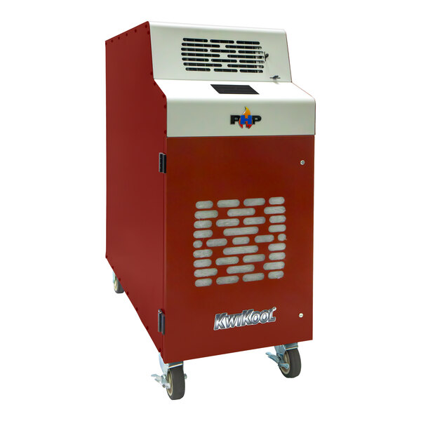 A red and white Kwikool portable air conditioner with wheels.