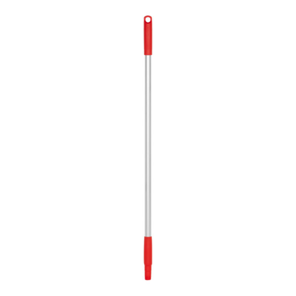 A long red and silver Vikan aluminum handle with a threaded tip.