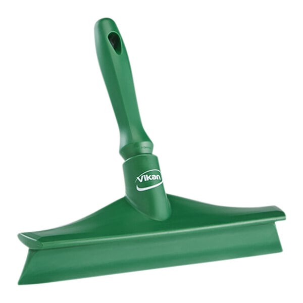 A green Vikan squeegee with a white plastic frame and a single rubber blade.