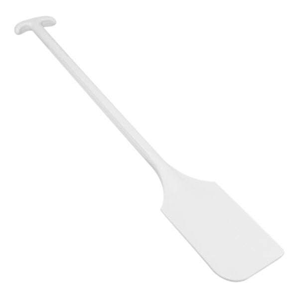 A white plastic paddle with a long handle.