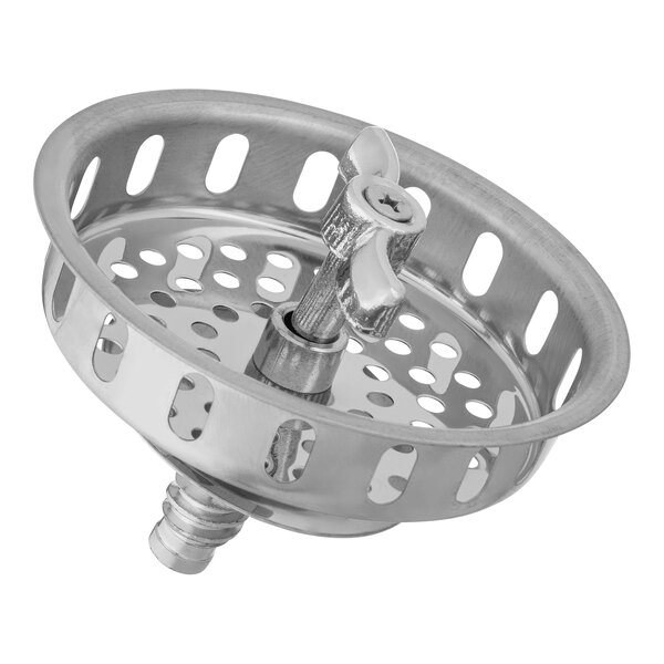 A stainless steel Dearborn sink basket strainer with holes.