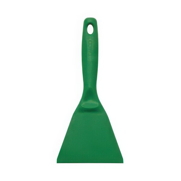 A green plastic hand scraper with a handle.