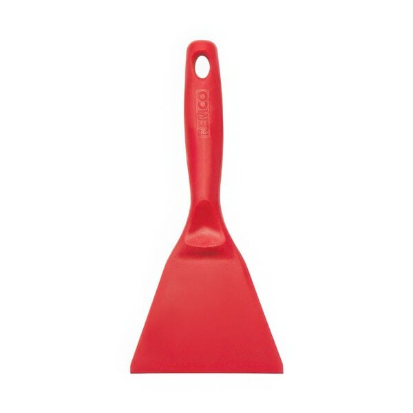 A red Vikan plastic hand scraper with a handle.