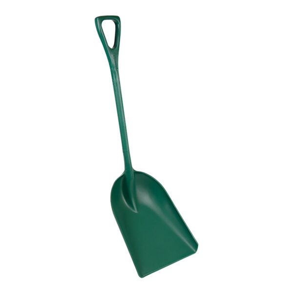 A green Remco metal detectable polypropylene food service shovel with a long handle.