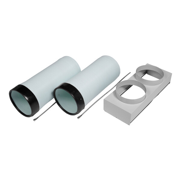 A white rectangular flexible air chute with two black circles and a couple of white circles.
