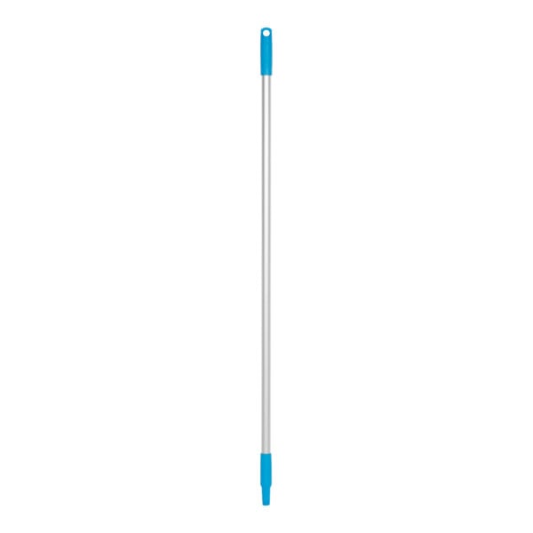 A long silver and blue Vikan aluminum handle with a white object on the end.