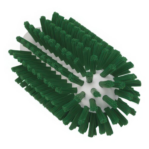 A close-up of a Vikan green stiff tube brush head with bristles on top.