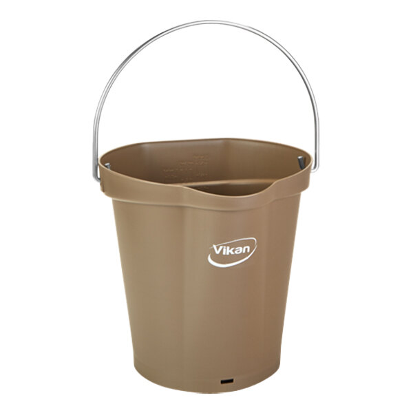 A brown plastic bucket with a handle.