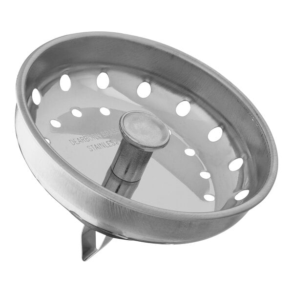 A stainless steel Dearborn sink basket strainer with holes.