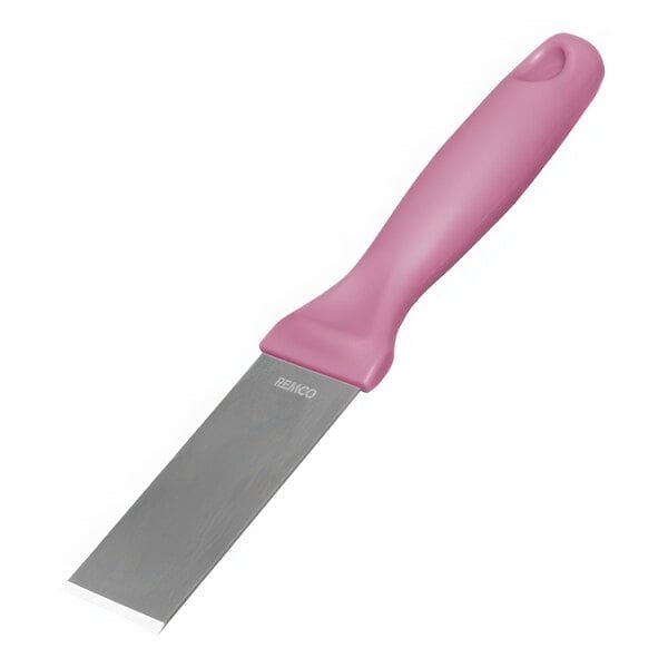 A close-up of a Vikan stainless steel scraper with a pink handle.
