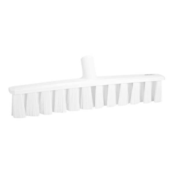 A white broom head with long soft bristles.