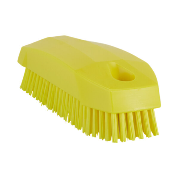 A yellow Vikan hand and nail brush with stiff bristles and a hole in the handle.