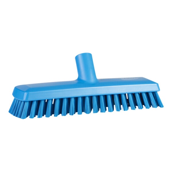 A blue Vikan deck brush head with bristles.