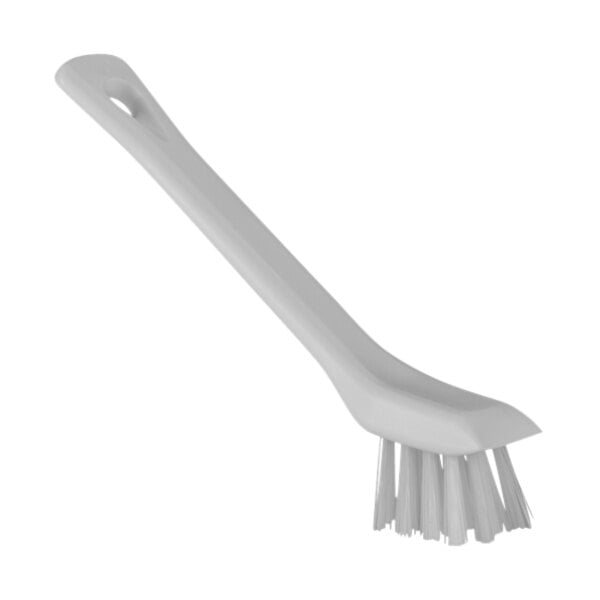 A Vikan white brush with stiff bristles and scraping edge.