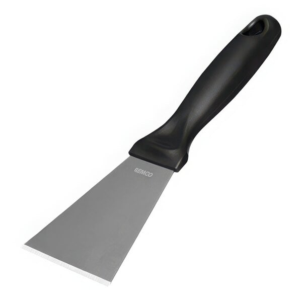 A Vikan stainless steel scraper with a black handle.