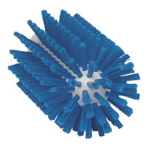 A Vikan blue tube brush head with stiff blue bristles.