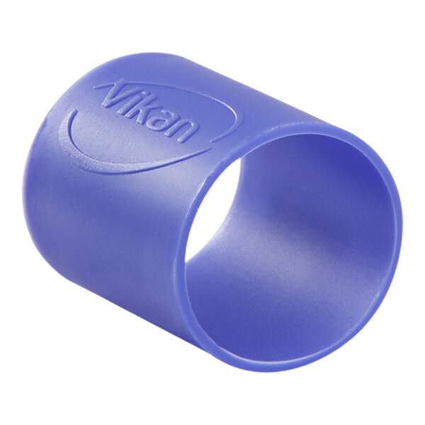 A blue plastic tube with a logo containing 5 purple Vikan rubber rings.