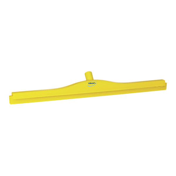 A yellow Vikan floor squeegee with a yellow plastic stick handle.