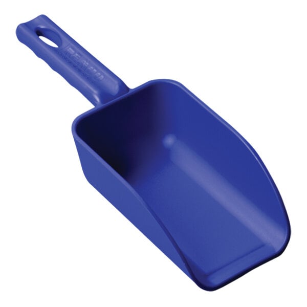 A blue plastic scoop with a handle.