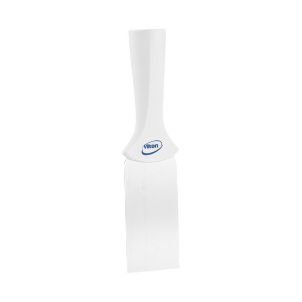 A white plastic Vikan handle-mounted scraper with a blue handle.