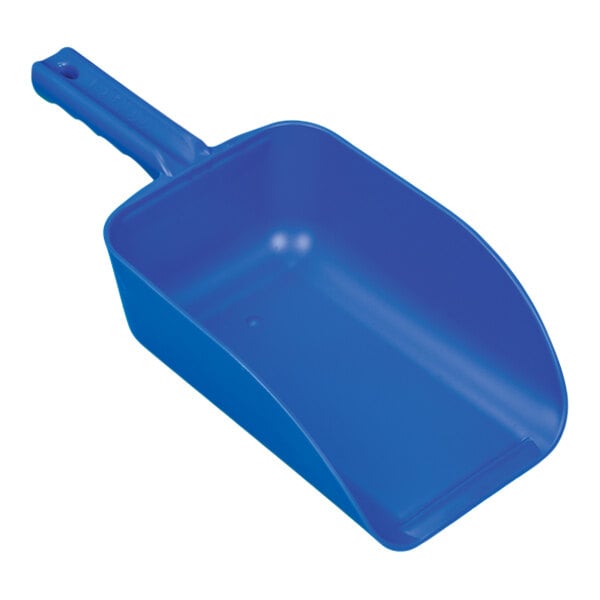 A blue plastic scoop with a handle.