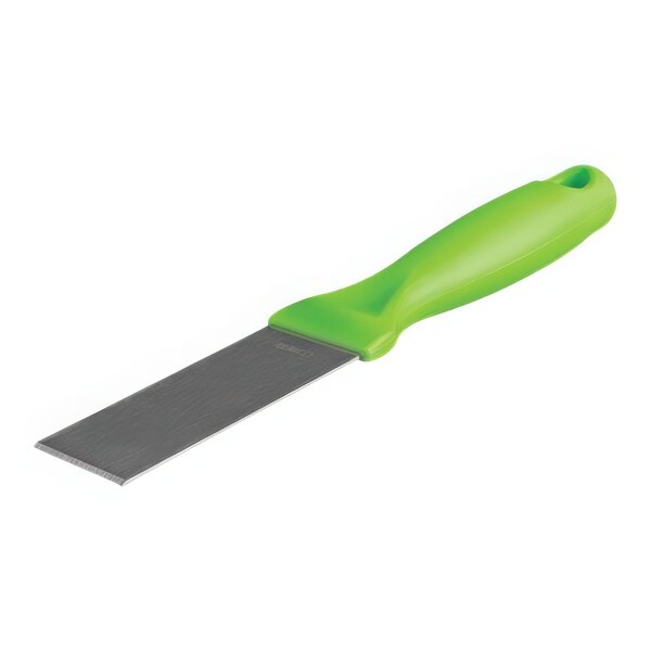 A green and silver Vikan stainless steel scraper with a lime green handle.