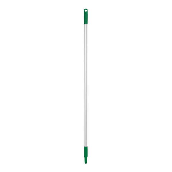 A green and white Vikan aluminum handle for a broom.