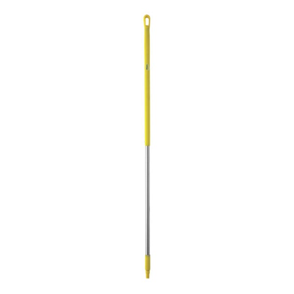 A yellow and silver threaded stainless steel Vikan handle.