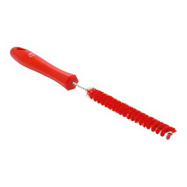 A red brush with a red handle.