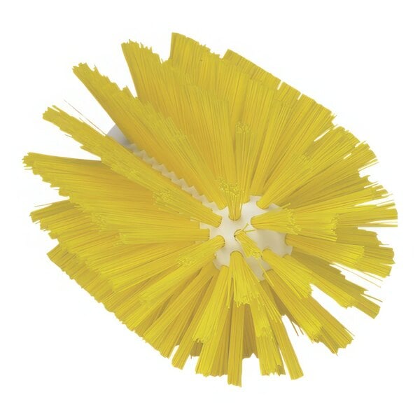 A Vikan yellow tube brush head with long, stiff bristles.