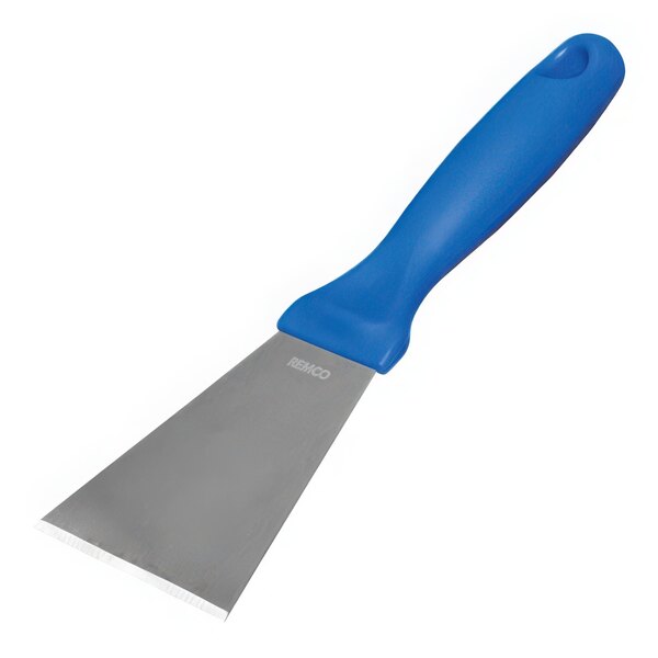 A Vikan stainless steel scraper with a blue handle.