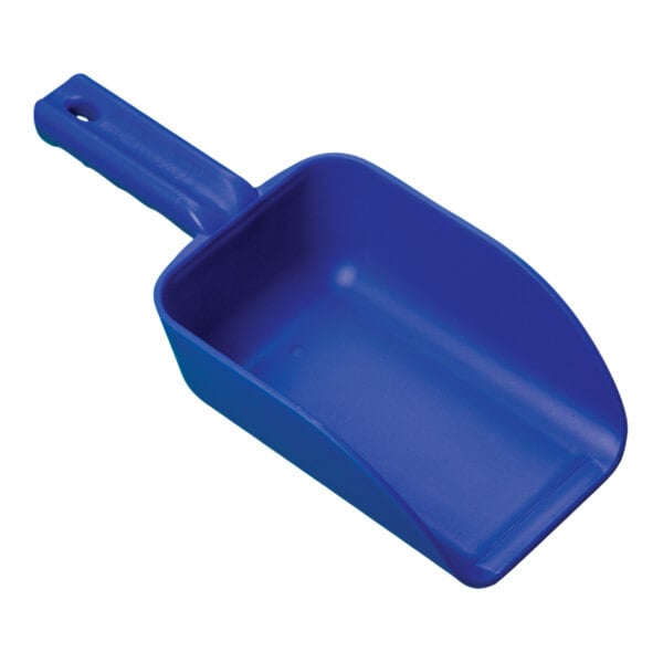 A blue plastic Remco hand scoop with a handle.