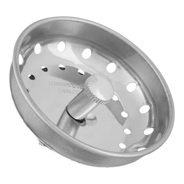 A stainless steel sink basket strainer with a metal handle.