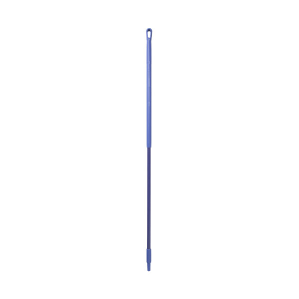 A purple threaded plastic handle with a hole in the end.