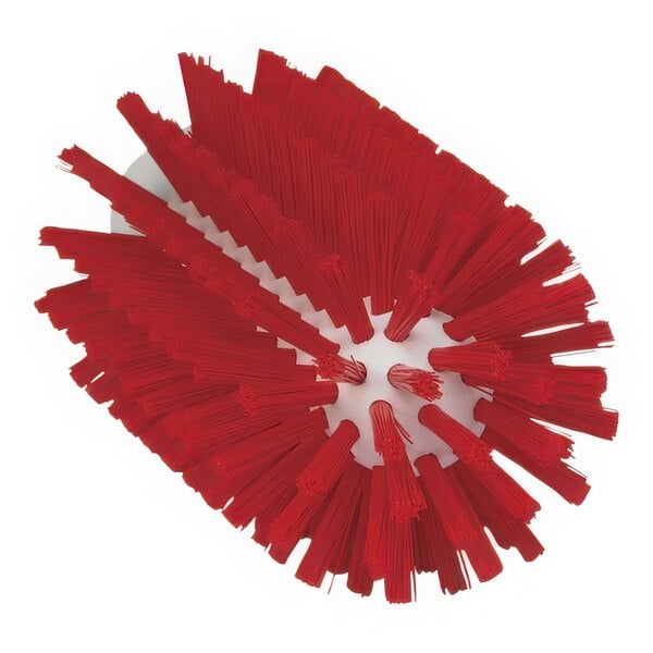 A red Vikan bottle brush head with white bristles.