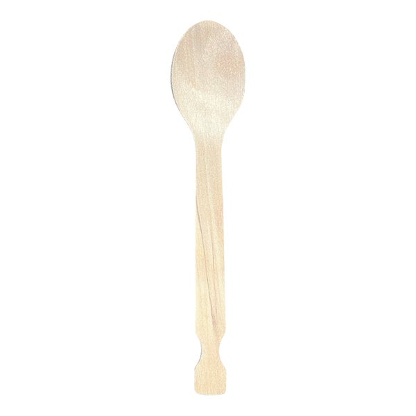 A close up of a Earthwise natural wood spoon with a handle.