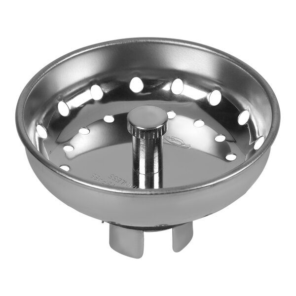 A stainless steel Dearborn sink basket strainer with holes.