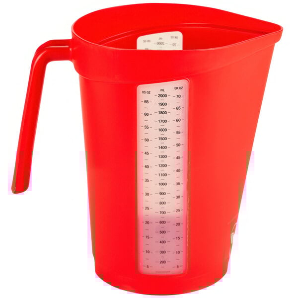 A close up of a red plastic Vikan measuring jug with a measuring scale.