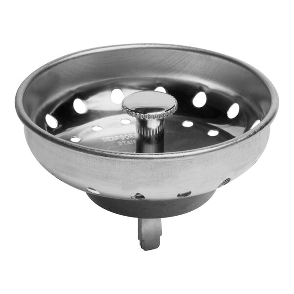 A stainless steel sink basket strainer with holes in it.