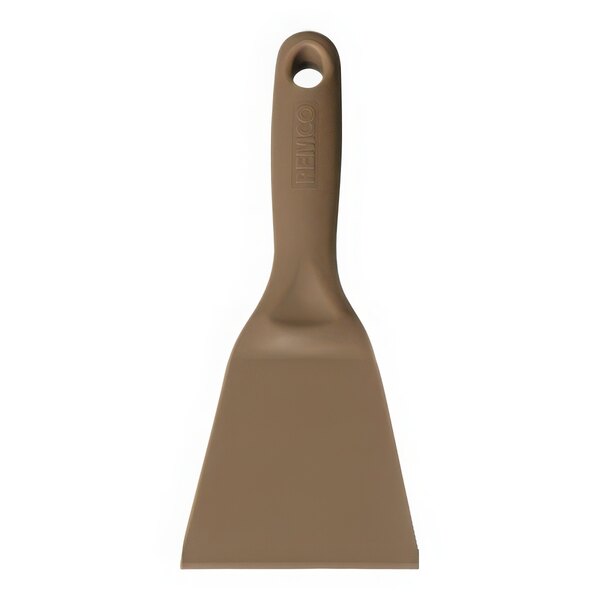 A brown plastic Vikan hand scraper with a handle and a hole in the handle.