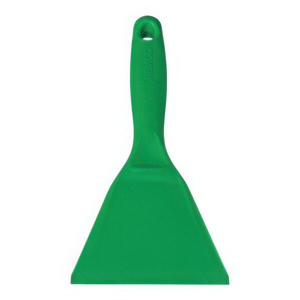 A Vikan green polypropylene hand scraper with a handle.