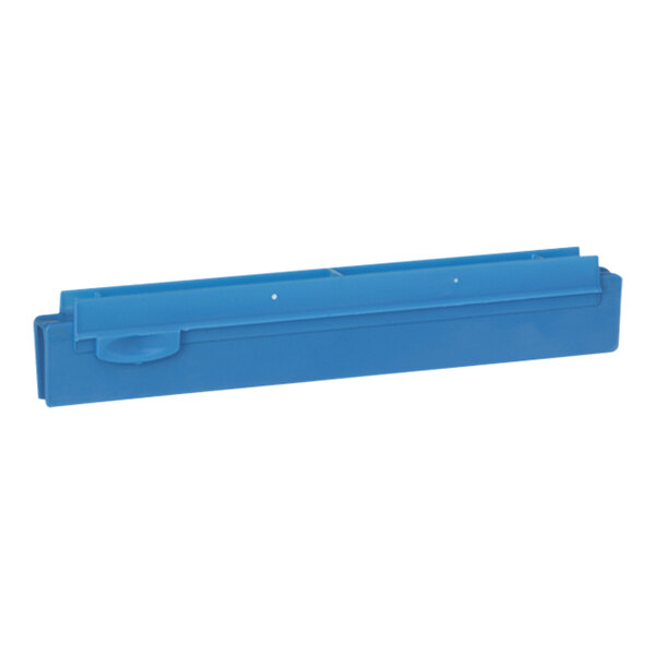 A blue plastic container with a white lid containing a blue Vikan squeegee blade.