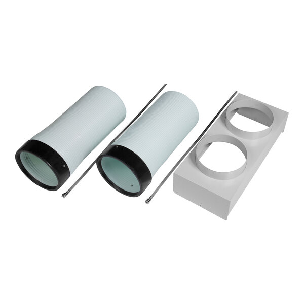 A close-up of a black metal pipe with two white plastic cups on the ends.