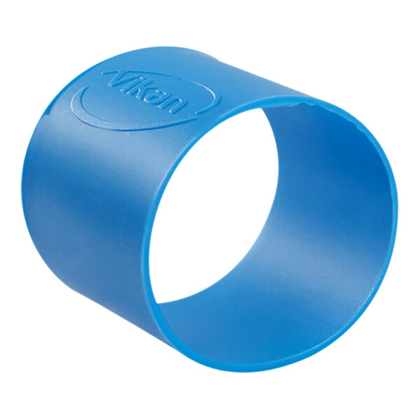 A close up of a blue Vikan rubber band with white text.
