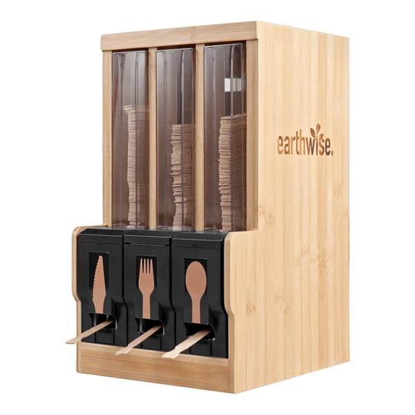 An Earthwise wooden cutlery dispenser holding forks and spoons.