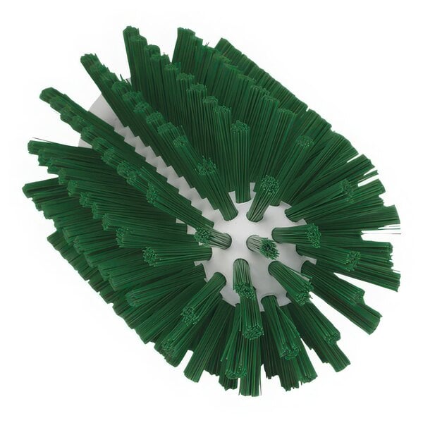 A close-up of a Vikan green stiff tube brush head with bristles.