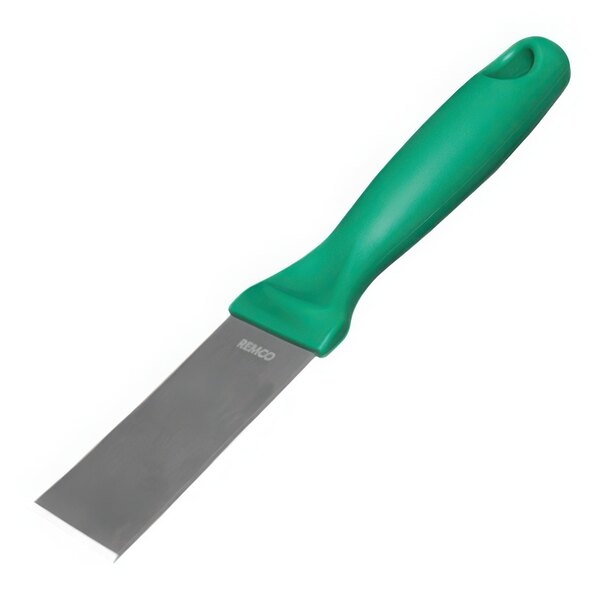 A green and grey Vikan stainless steel scraper with a green handle.